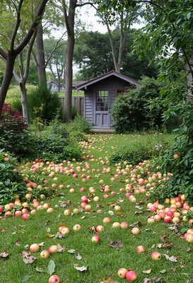 A shed sits in the backyard, surrounded by fallen apples