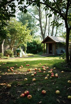 Fallen apples in a grassy backyard