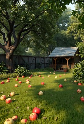 Red apples lie scattered on the green grass of a backyard