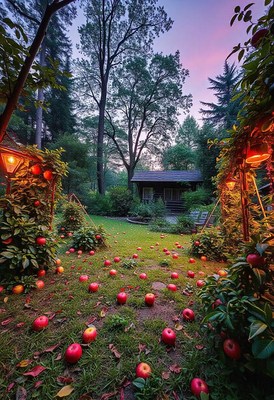 A rustic cabin sits in the middle of a forest clearing