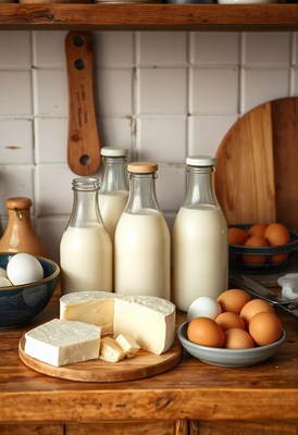 Milk, cheese, and eggs on a wooden counter