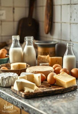 Dairy products and eggs sit on a countertop