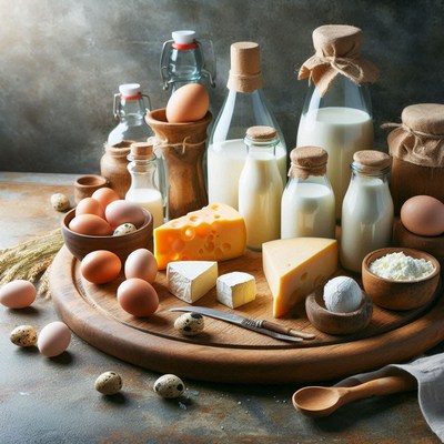 Dairy and eggs on a wooden platter