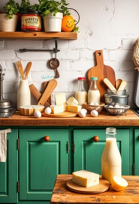 Dairy products on a kitchen counter