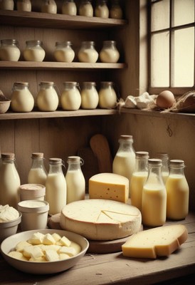 Dairy products sit on a wooden table