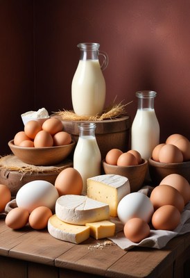 Rustic still life: milk, eggs, and cheese on wood