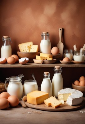 Dairy products and eggs on a wooden shelf