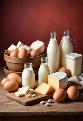 Milk, cheese, and eggs sit on a wooden table
