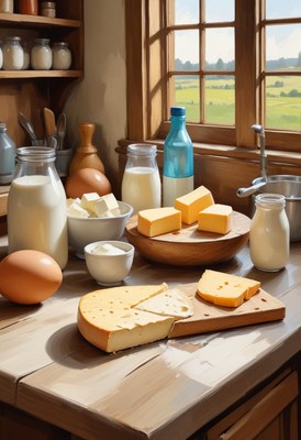 Dairy products sit on a table by a window