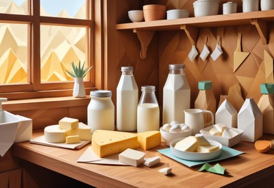 A wooden countertop with dairy products and cheese