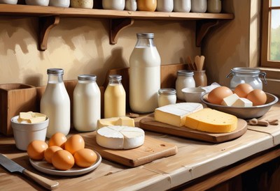 Dairy products and eggs on a countertop