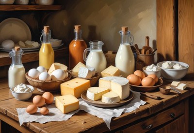 Rustic table with dairy and eggs creates still life