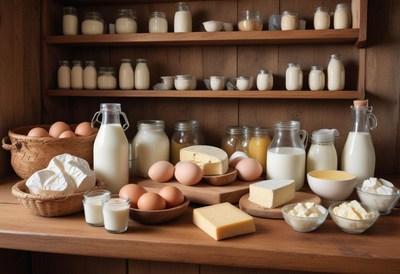 Dairy and eggs on a wooden counter