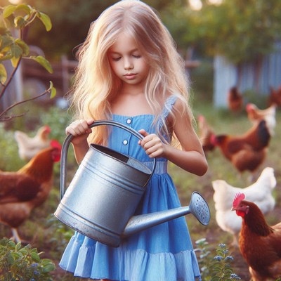 A young girl holds a watering can in a garden