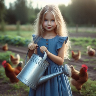 A young girl holds a watering can in a garden