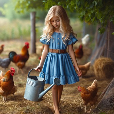 A young girl walks through a coop with a watering can