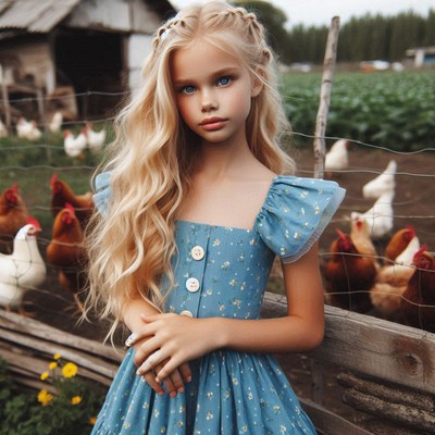 Blonde girl in blue dress with chickens