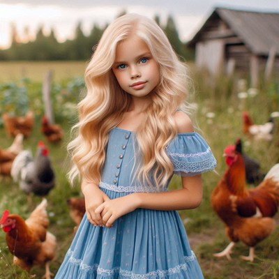 Blonde girl with chickens in field