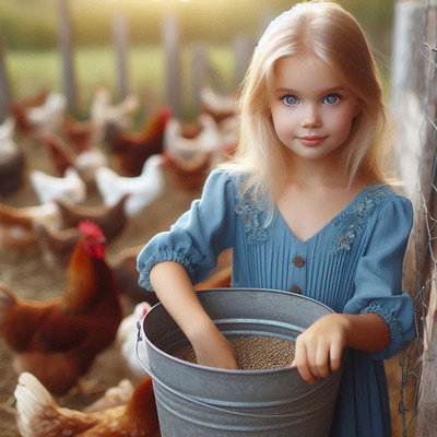 A young girl feeds chickens from a bucket