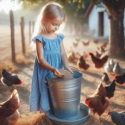 A young girl feeds chickens in a rural setting
