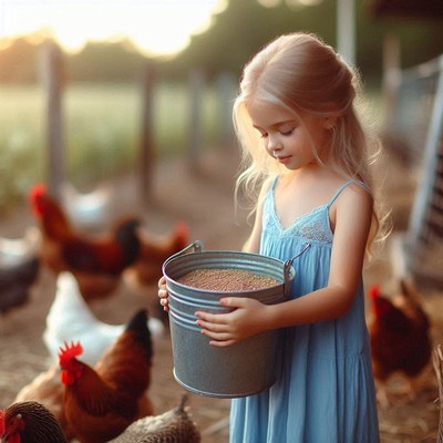 A young girl feeds chickens on a farm