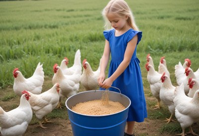 A young girl feeds chickens in a field