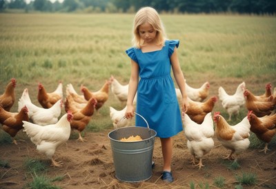 A young girl feeds chickens in a field