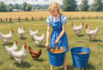 A girl in a blue dress feeds chickens in a field