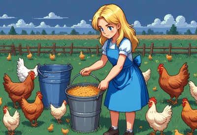 A girl feeds chickens on a farm in the afternoon