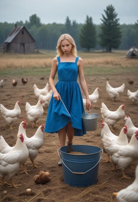 A woman in a blue dress feeds chickens in a rural setting