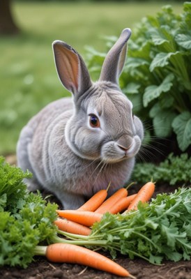 A grey rabbit sits in a garden with carrots