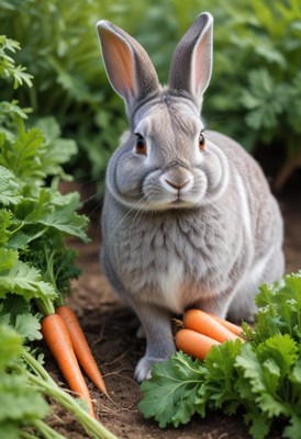 A gray rabbit sits near a patch of carrots