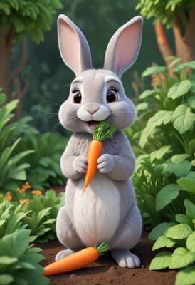 A cute bunny enjoys a carrot in a garden