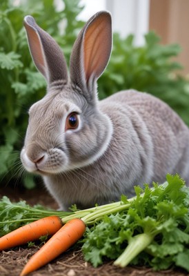 A gray rabbit enjoys a snack of carrots and greens
