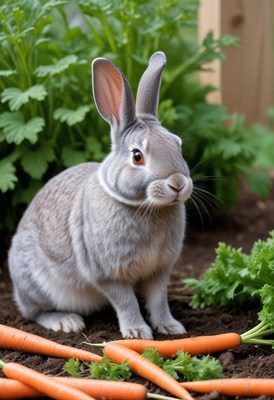 A gray rabbit sits amongst carrots in the garden