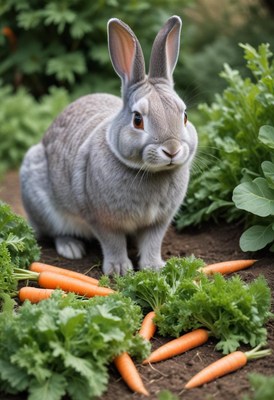 A gray rabbit sits in a garden with carrots