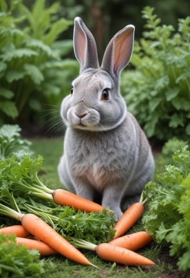 A gray rabbit sits in a garden surrounded by carrots