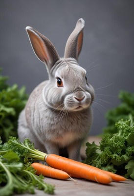 A gray rabbit sits with carrots and greens