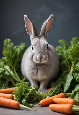 A gray rabbit sits among carrots and greens