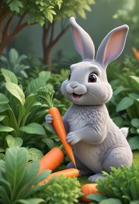 A gray rabbit holds a carrot in a garden