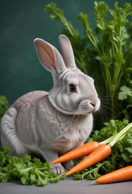 A gray rabbit sits near carrots and greens