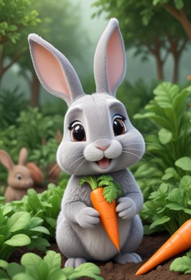 A cute bunny holds a carrot in a garden