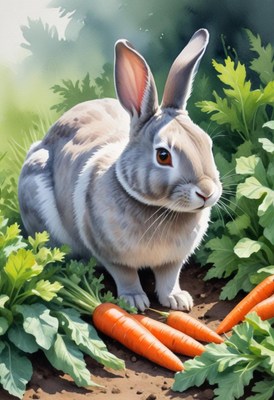 A gray rabbit sits in a garden near carrots