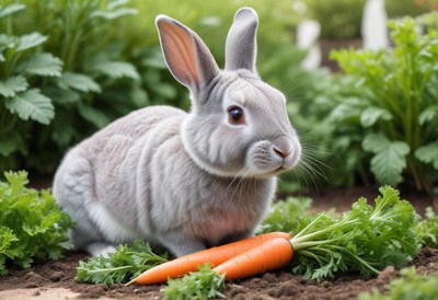 A gray rabbit sits in a garden, enjoying a fresh carrot