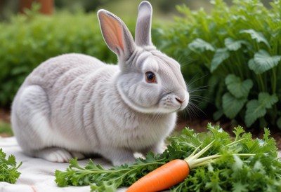 A grey rabbit enjoys a fresh carrot in the garden