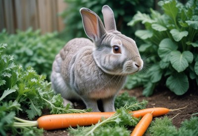 A gray rabbit sits near carrots in a garden