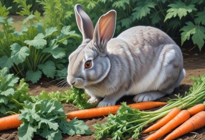 A rabbit eats carrots in a garden