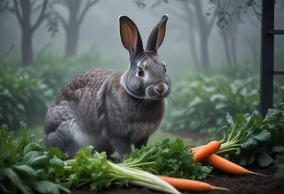 A gray rabbit sits in a garden, surrounded by fresh carrots