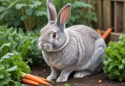 A grey rabbit sits near carrots in a garden