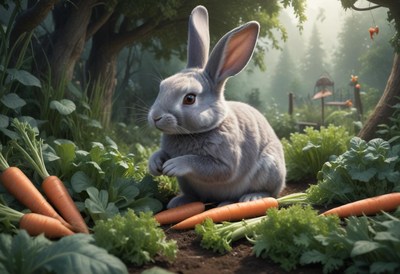 A gray rabbit sits in a garden with carrots